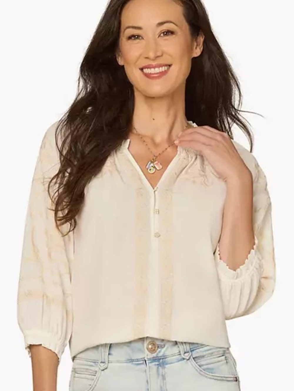 Democracy Embroidered Sleeve Ruffle Edge Neck Woven Top Size SP
